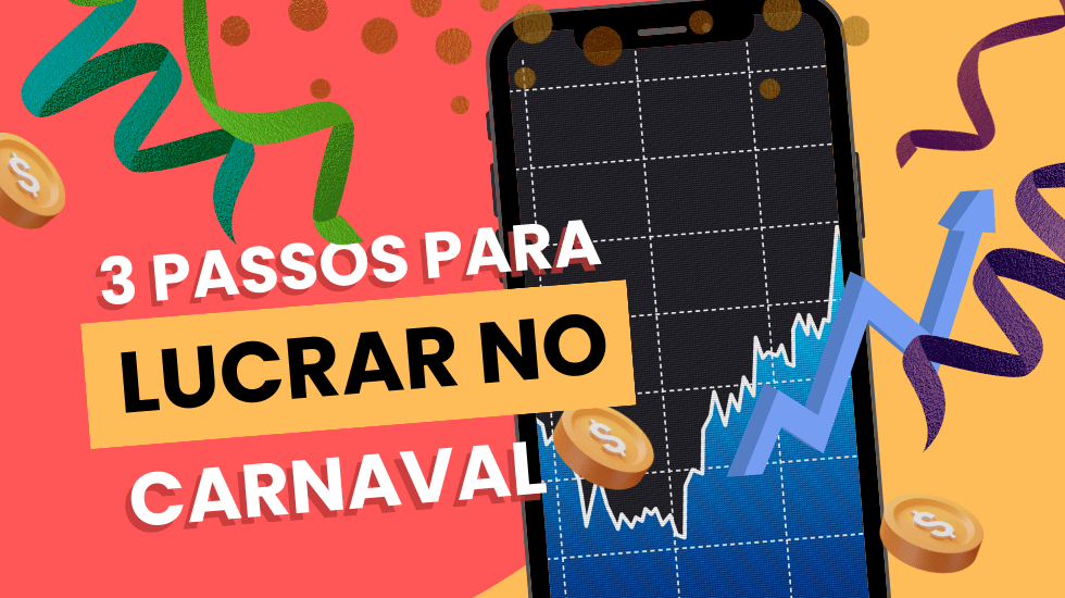 Imagem ilustrativa com um celuar mostrando o grafico de crescimento de vendas com o texto 3 passos para lucrar no carnaval seguido de ilustrações do período carnavalesco.