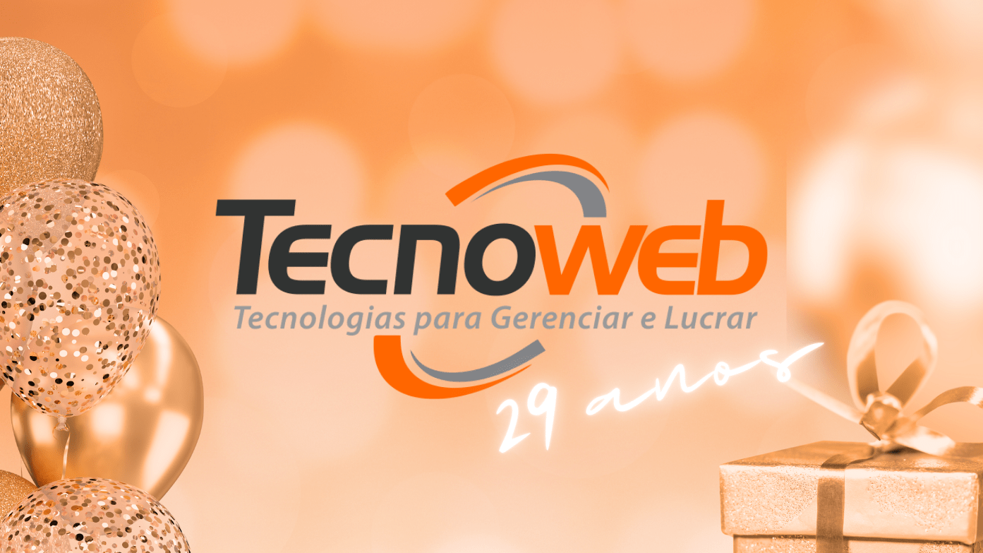 Imagem com fundo laranja em bokeh, balões, embalagem de presente e a logo tecnoweb 29 anos